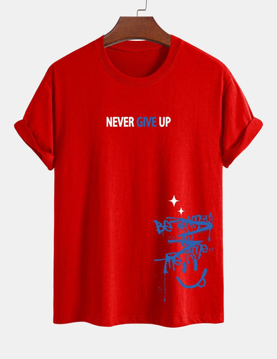 Regular Fit Never Give Up Smiley Face Print Cotton T-Shirt