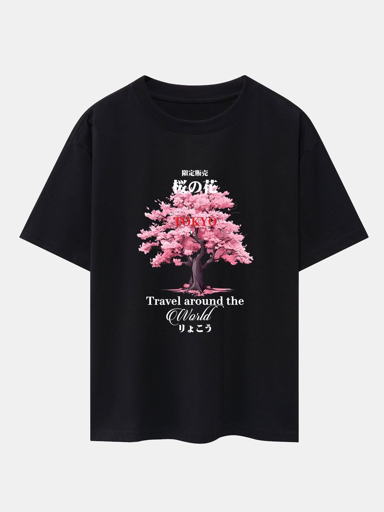 Tokyo Cherry Blossoms Print Drop Shoulder Oversize T-Shirt