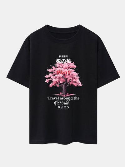 Tokyo Cherry Blossoms Print Drop Shoulder Oversize T-Shirt