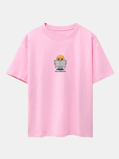 Cartoon Smiley Read Newspaper Print Drop Shoulder Oversize T-Shirt
