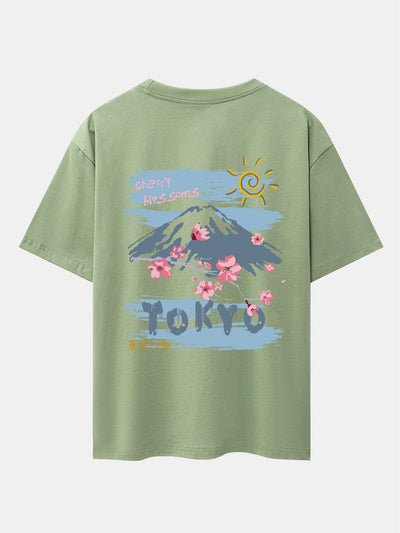 Mountain Cherry Blossoms Back Print Oversize T-Shirt