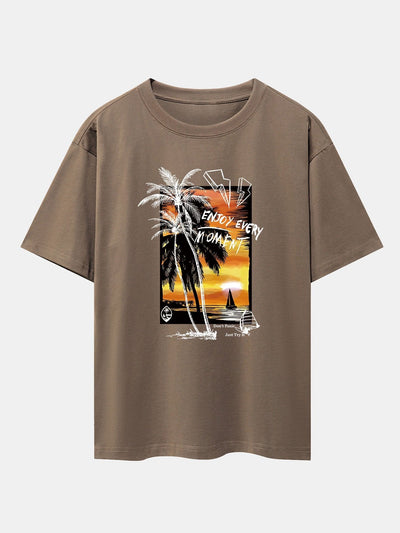 Vacation Sunset Palm Trees Print Drop Shoulder Oversize T-Shirt