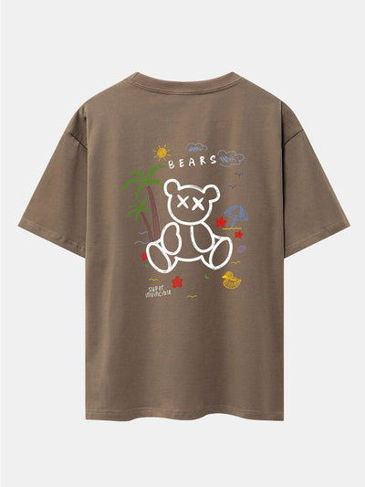 Bear On Vacation Print Drop Shoulder Oversize T-Shirt