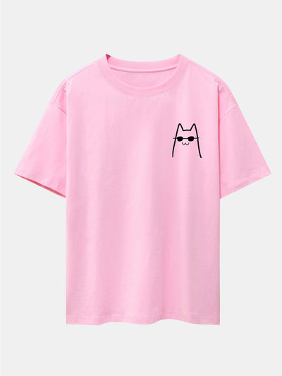 Cat With Sunglasses Print Drop Shoulder Oversize T-Shirt