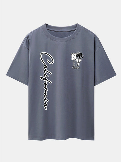 New York California Palm Tree Print Drop Shoulder Oversize T-Shirt