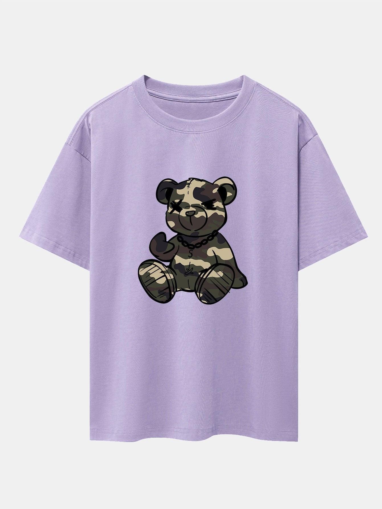 Camouflage Bear Print Drop Shoulder Oversize T-Shirt