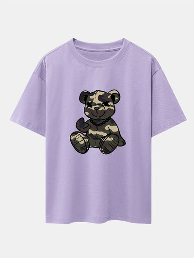 Camouflage Bear Print Drop Shoulder Oversize T-Shirt