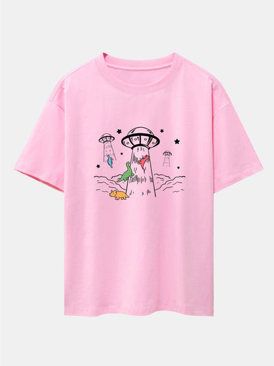 UFO Take Away Dinosaurs Print Drop Shoulder Oversize T-Shirt