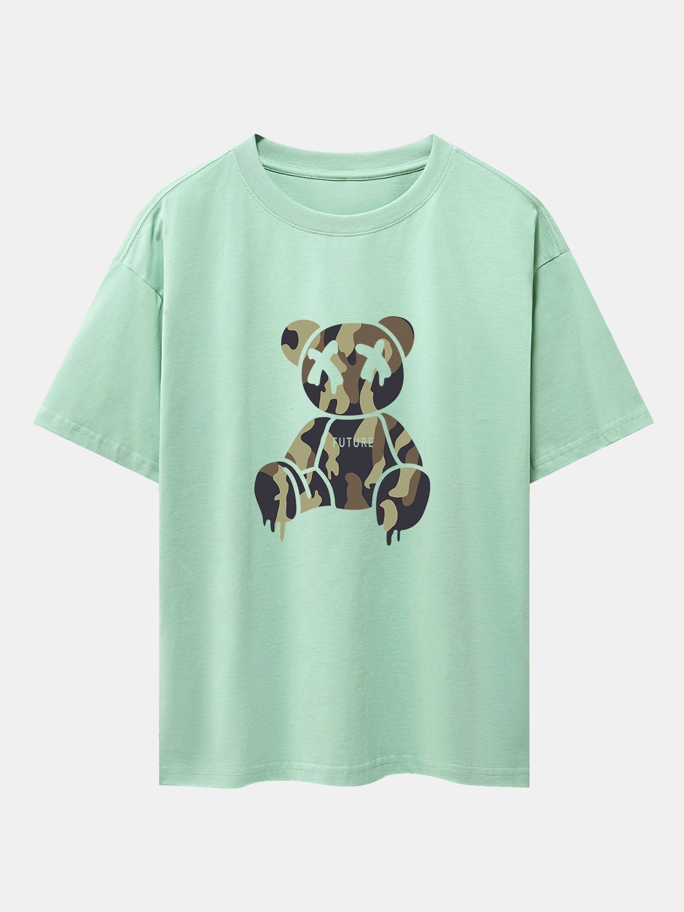 Camouflage Dissolving Bear Print Drop Shoulder Oversize T-Shirt