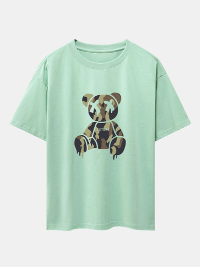 Camouflage Dissolving Bear Print Drop Shoulder Oversize T-Shirt