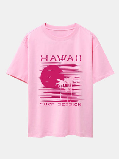 Hawaii Sun Palm Trees Print Drop Shoulder Oversize T-Shirt