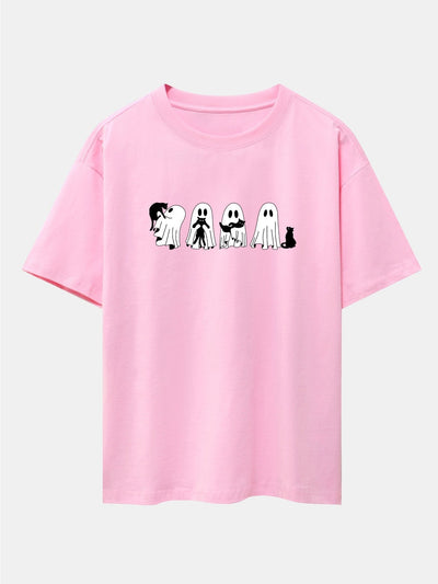 Black Cat Ghost Print Drop Shoulder Oversize T-Shirt