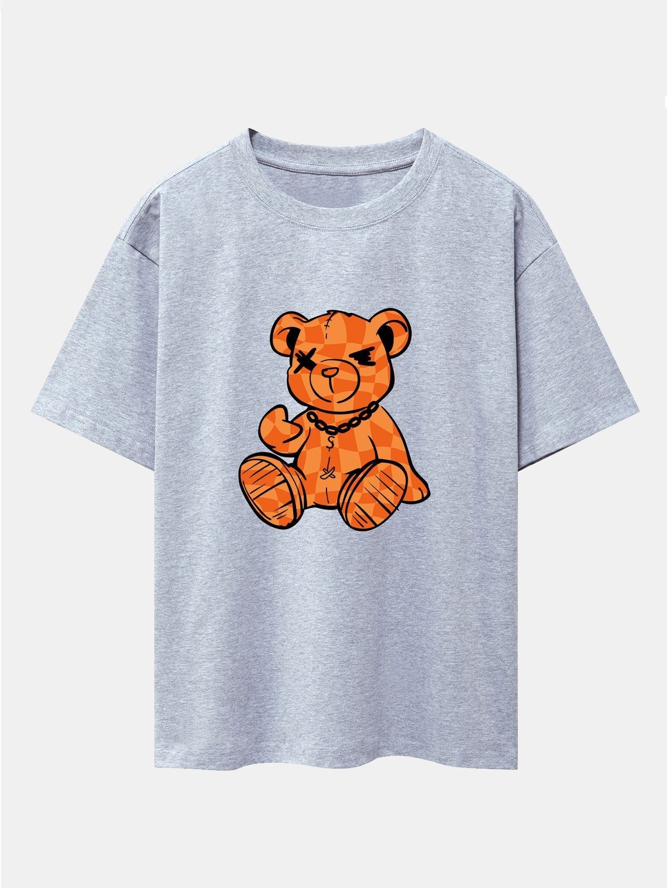 Orange Stitching Bear Print Drop Shoulder Oversize T-Shirt