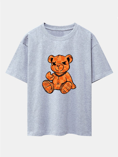 Orange Stitching Bear Print Drop Shoulder Oversize T-Shirt