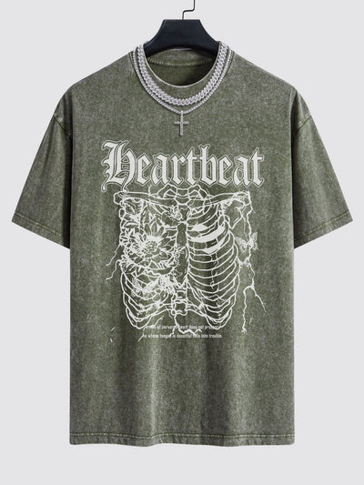 Slogan Skeleton Print Washed Drop Shoulder Oversize T-Shirt