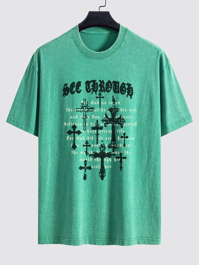 Cross Slogan Print Washed Distressed Drop Shoulder T-Shirt