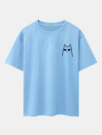 Cat With Sunglasses Print Drop Shoulder Oversize T-Shirt