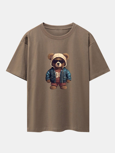 Bear In Leather Jacket Print Drop Shoulder Oversize T-Shirt