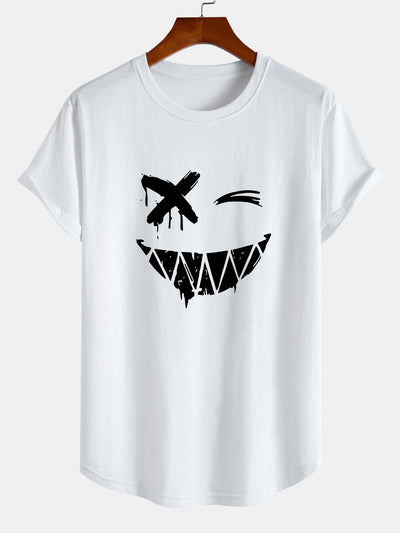 Smiley Face Print Cotton Arc Hem T-Shirt