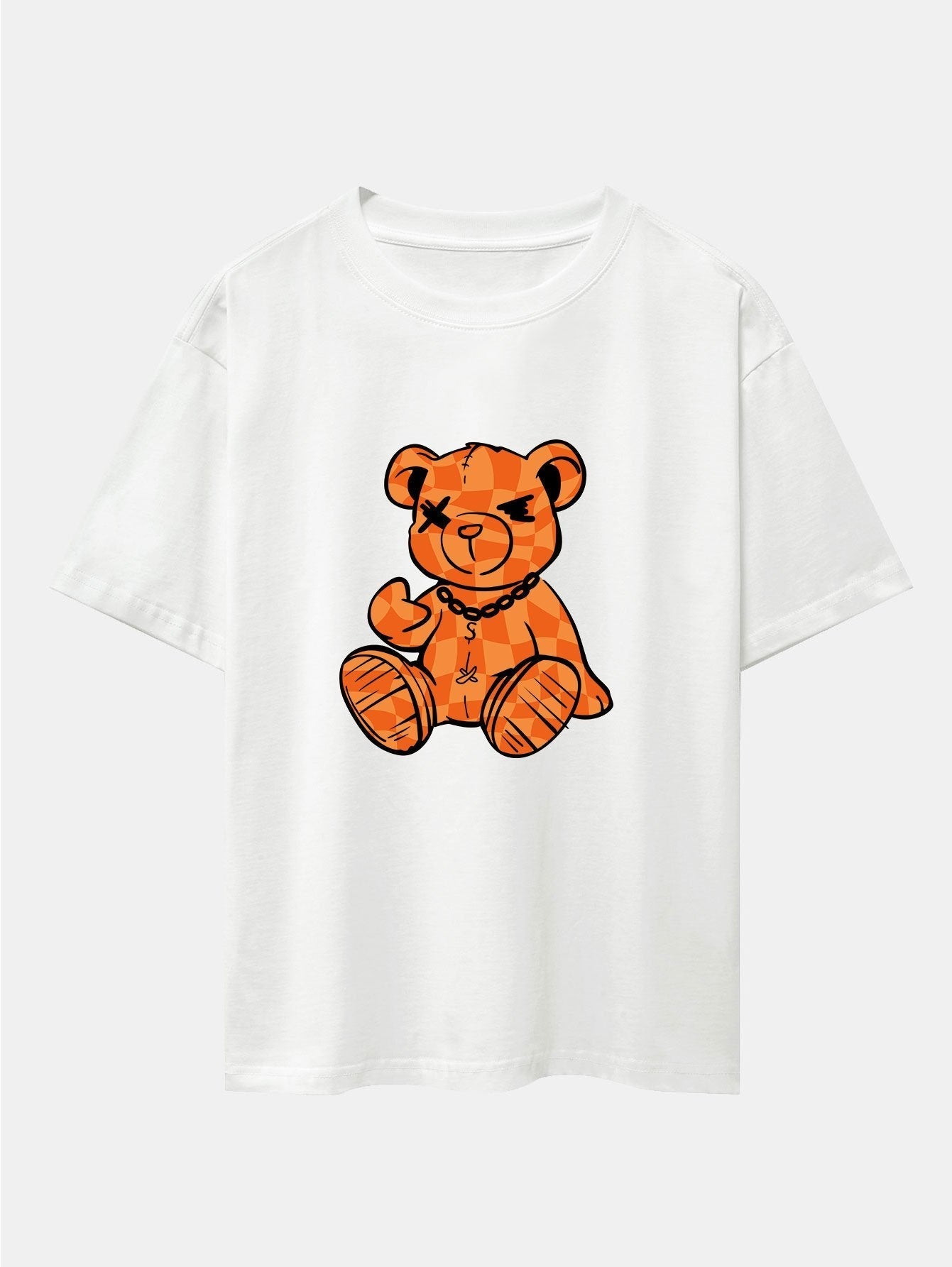 Orange Stitching Bear Print Drop Shoulder Oversize T-Shirt