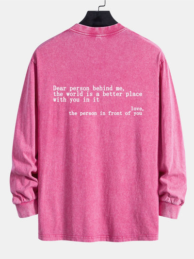 Slogan Print Relax Fit Long Sleeve Washed Distressed T-Shirt