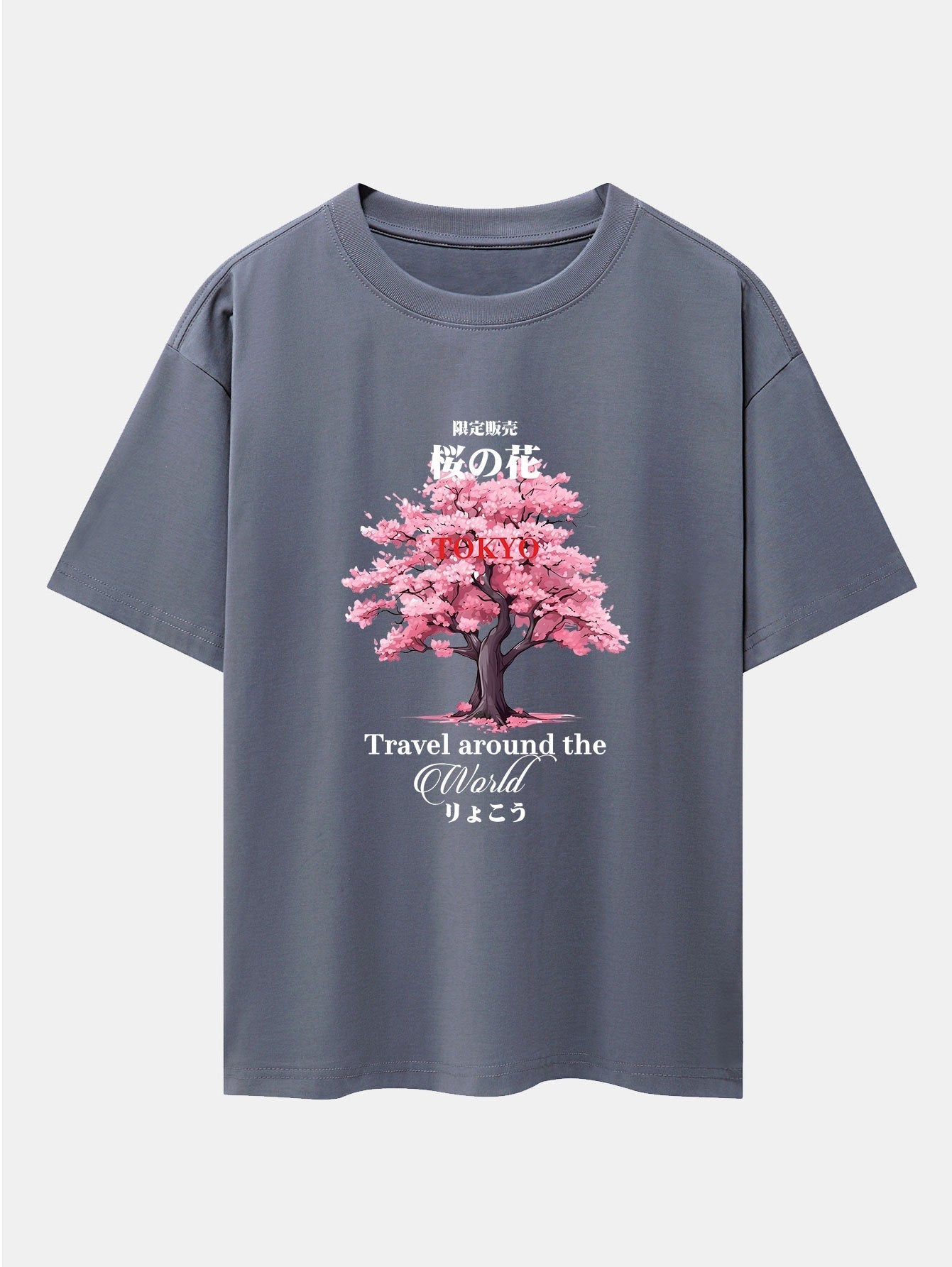 Tokyo Cherry Blossoms Print Drop Shoulder Oversize T-Shirt
