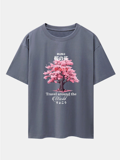 Tokyo Cherry Blossoms Print Drop Shoulder Oversize T-Shirt