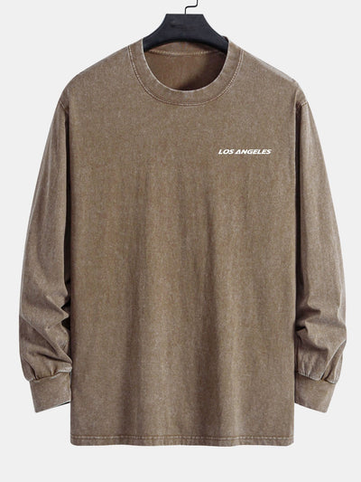 Los Angeles Print Relax Fit Long Sleeve Washed Distressed T-Shirt