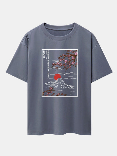 Cherry Blossoms Mountain Print Drop Shoulder Oversize T-Shirt