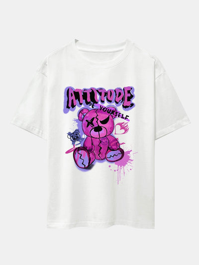 Tattered Bear Print Drop Shoulder Oversize T-Shirt