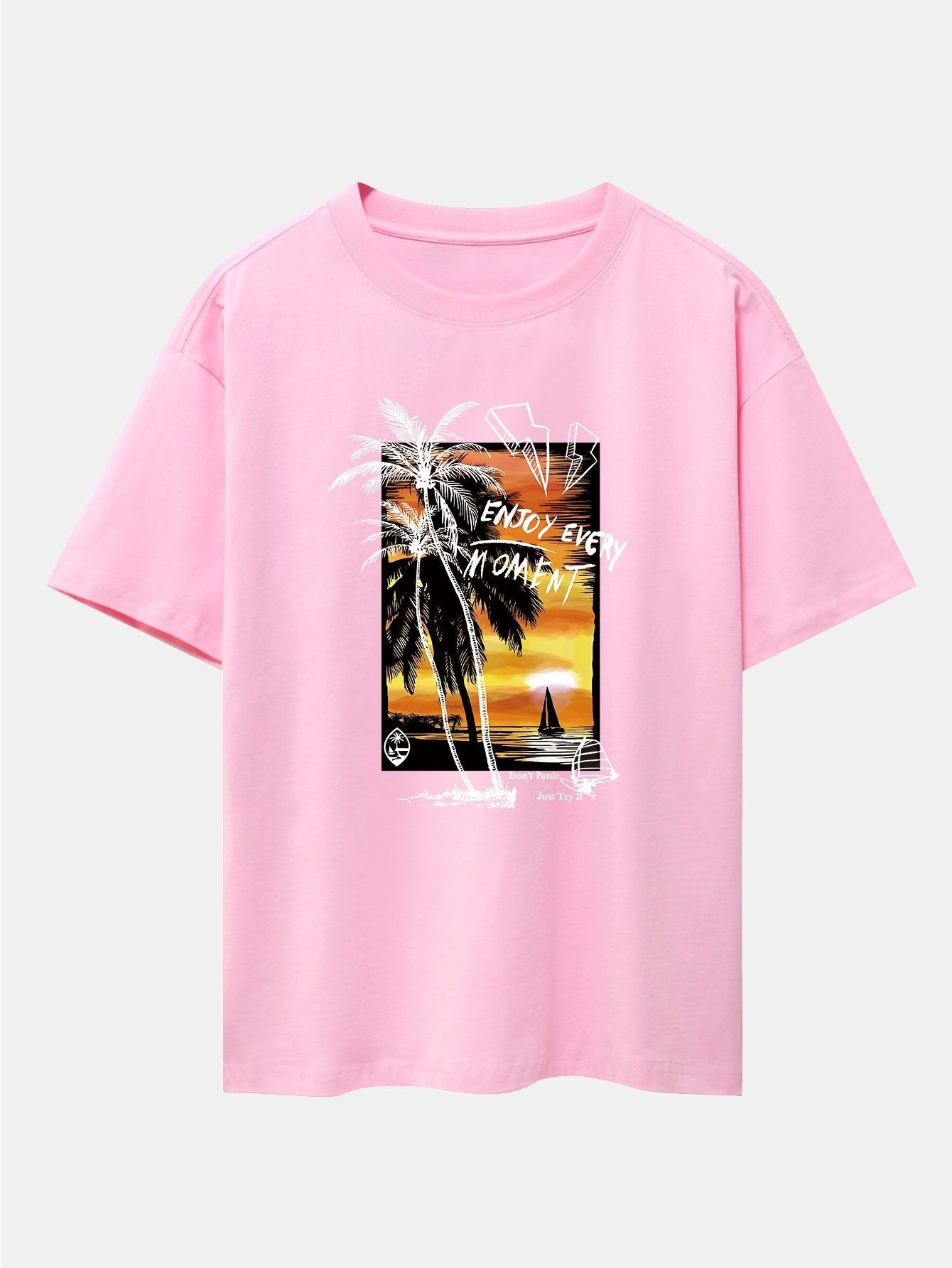 Vacation Sunset Palm Trees Print Drop Shoulder Oversize T-Shirt