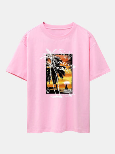 Vacation Sunset Palm Trees Print Drop Shoulder Oversize T-Shirt