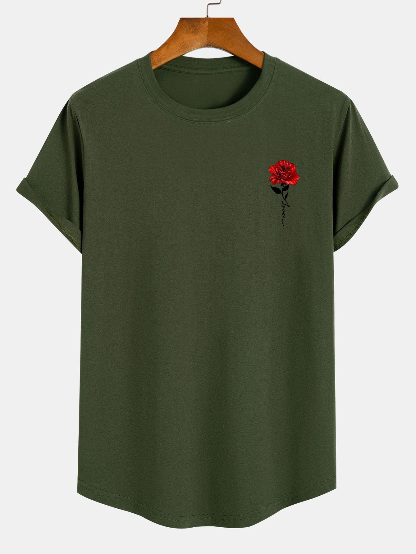 Rose Print Cotton Arc Hem T-Shirt