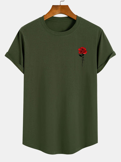 Rose Print Cotton Arc Hem T-Shirt