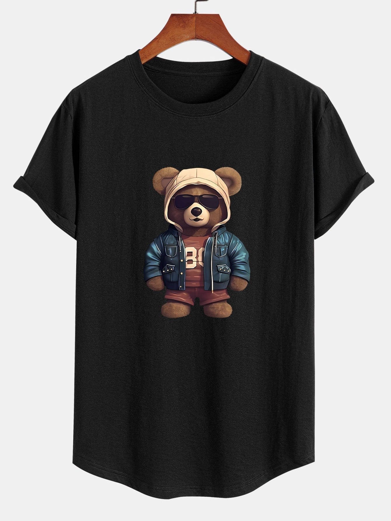 Bear In Leather Jacket Print Cotton Arc Hem T-Shirt
