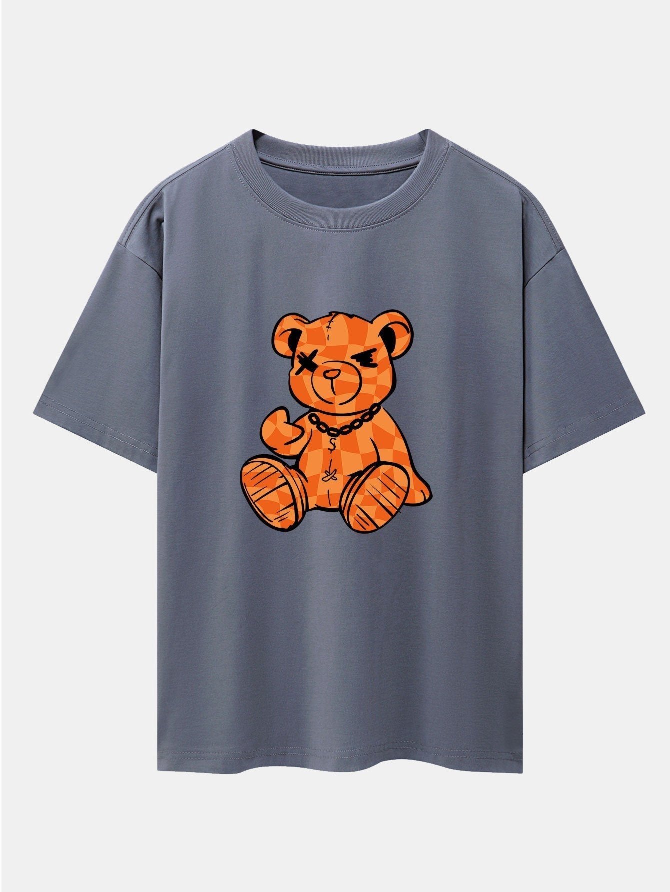 Orange Stitching Bear Print Drop Shoulder Oversize T-Shirt