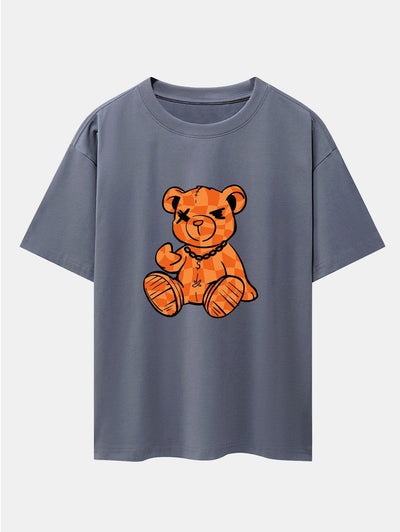 Orange Stitching Bear Print Drop Shoulder Oversize T-Shirt