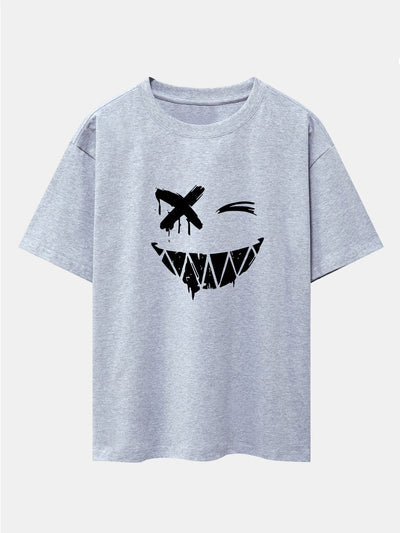 Dissolved Smiley Face Print Drop Shoulder Oversize T-Shirt