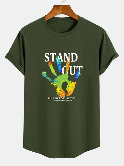 Handprint Slogan Print Cotton Arc Hem T-Shirt