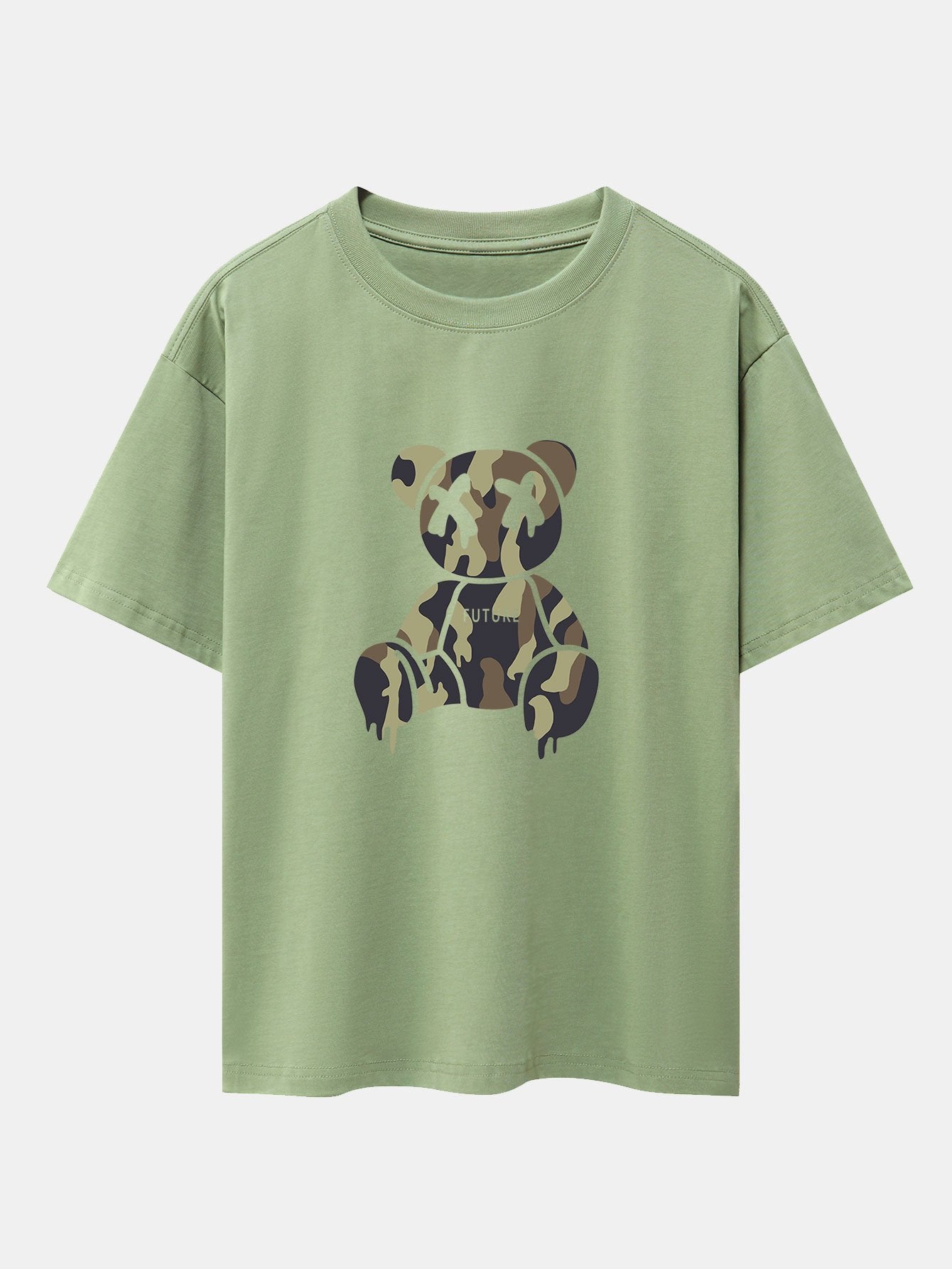 Camouflage Dissolving Bear Print Drop Shoulder Oversize T-Shirt