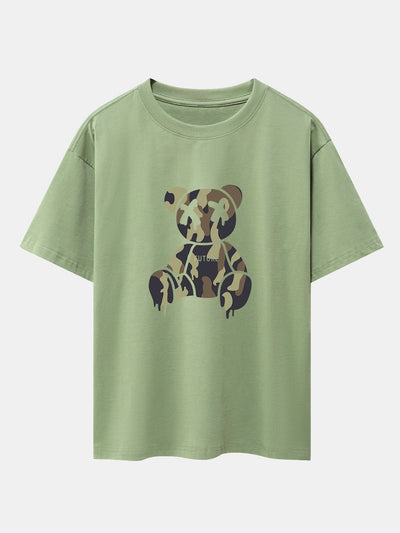 Camouflage Dissolving Bear Print Drop Shoulder Oversize T-Shirt