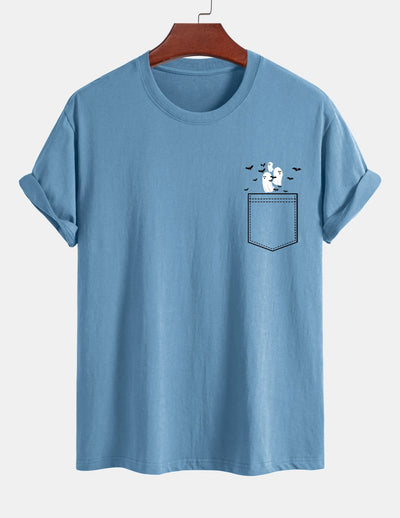 Regular Fit Pocket Bat Ghost Print Cotton T-Shirt