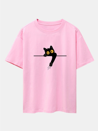 Black Cat Print Drop Shoulder Oversize T-Shirt