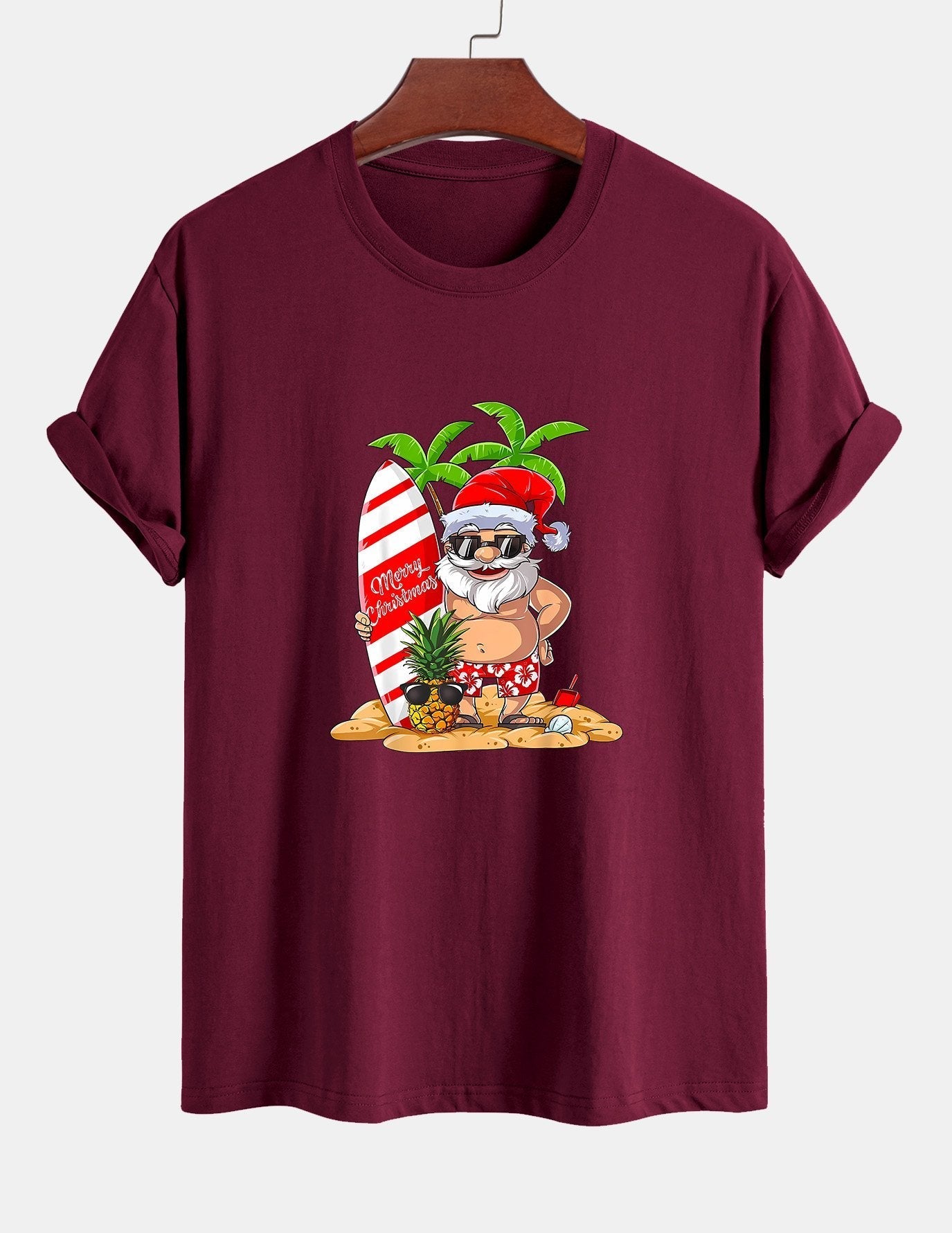 Regular Fit Summer Beach Santa Print Cotton T-Shirt