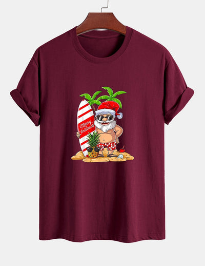 Regular Fit Summer Beach Santa Print Cotton T-Shirt