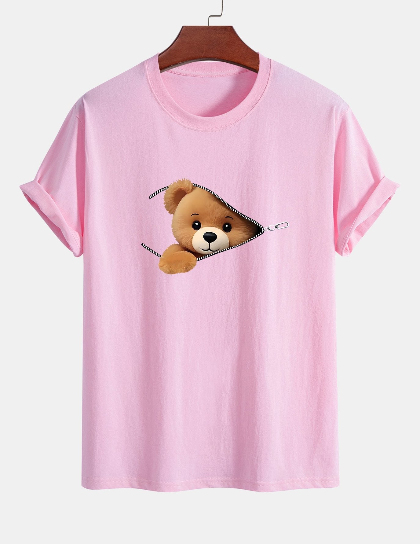 Regular Fit Zipper Bear Print Cotton T-Shirt