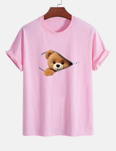 Regular Fit Zipper Bear Print Cotton T-Shirt