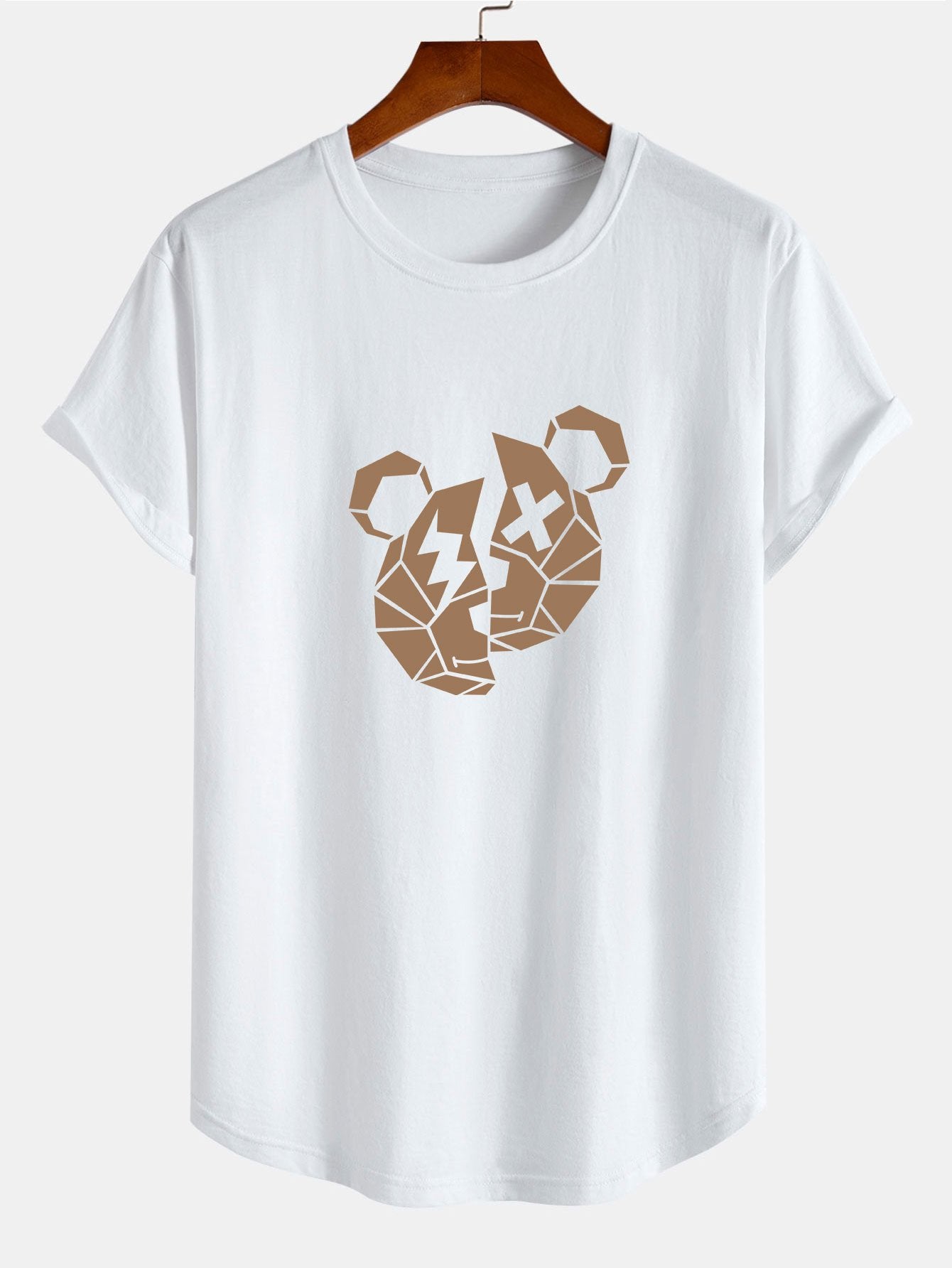 Geometric Bear Print Cotton Arc Hem T-Shirt