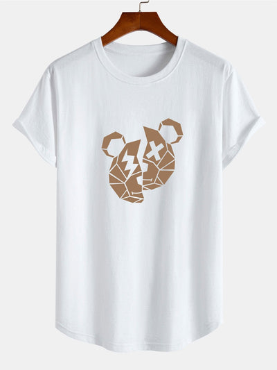 Geometric Bear Print Cotton Arc Hem T-Shirt