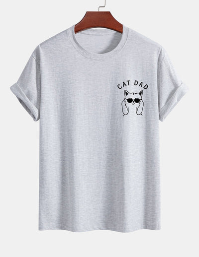 Regular Fit Cat Dad Wearing Glasses Print Cotton T-Shirt